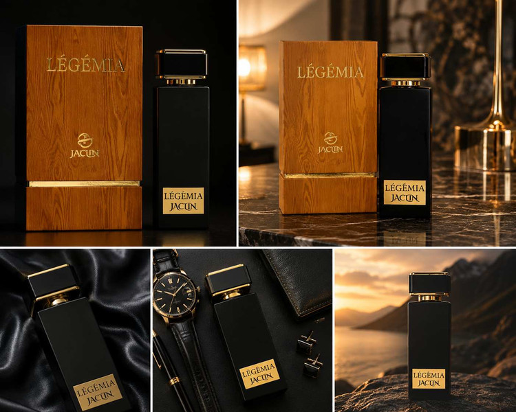 تصویر بطری عطر Jaclin Legemia با طراحی لوکس مشکی طلایی
