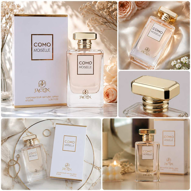 تصویر ادکلن Como Moiselle برند Jaclin با بطری سفید و طلایی