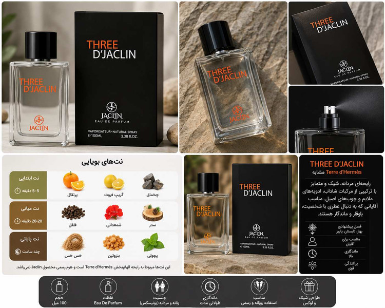 تصویر ادکلن مردانه THREE D’JACLIN ژاکلین همراه با جعبه مشکی
