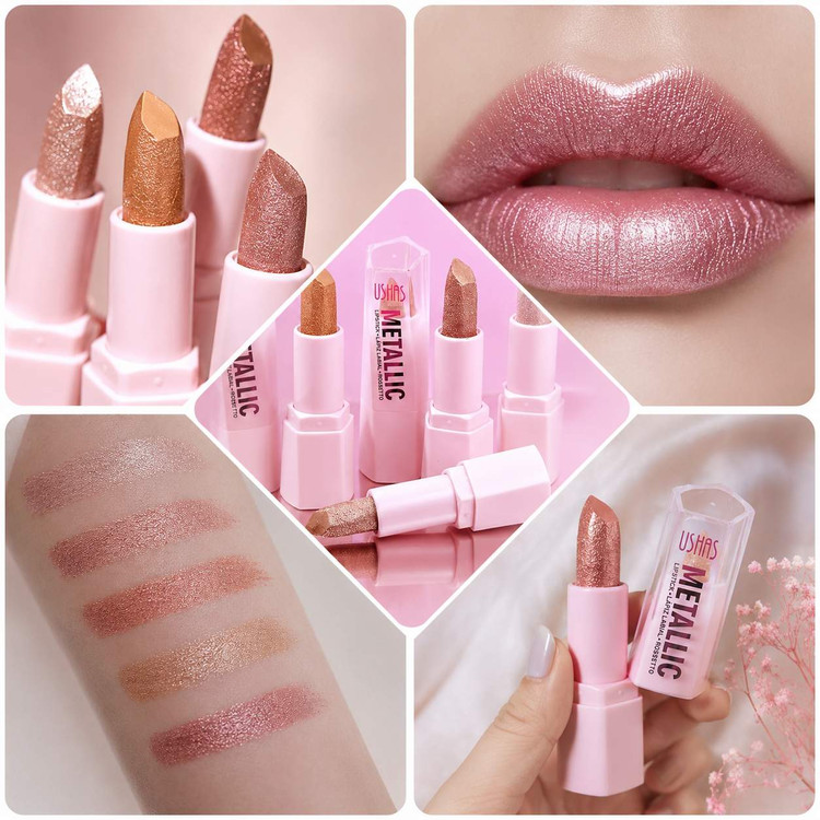 تصویر رژلب شاین Ushas Metallic با طراحی صورتی جذاب